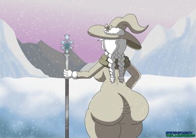 ass back_view big_ass big_breasts braids breasts cane female fetishstarboy funamusea ice ice_scream north_pole polar_bear snow snowflake solo_female sunset white_body white_hair witch_costume witch_hat