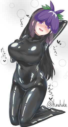 black_bodysuit black_clothing black_hair black_latex bodysuit breasts clothing crotch_zipper curvy female female_focus female_only flower flower_on_head fully_clothed highres hinaheka hiragana_(script) japanese_text large_breasts latex latex_bodysuit latex_clothing latex_suit long_hair looking_at_viewer looking_pleasured open_mouth plump png purple_eyes shiny_clothes signature skin_tight smile solo text tight_clothing touhou translated twitter_username white_background yomotsu_hisami zipper
