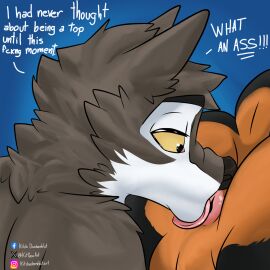 anal anthro ass backsack balls ballsack big_butt brown_body brown_fur canid canine canis comic deep_rimming digital_media_(artwork) dobermann domestic_dog duke_(fortnite) duo english_text epic_games eyelashes fortnite fur genitals hi_res kit_yaco male male/male mammal oral pinscher rimming rimming_male sex short_fur slim submissive submissive_male text wendell_(fortnite) white_body white_fur wolf yellow_eyes