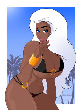 2d artist_signature big_breasts bikini breasts dark-skinned_female dark_skin female finger_in_mouth looking_at_viewer marvel marvel_comics ororo_munroe palm_tree ricozappa storm_(x-men) white_hair x-men