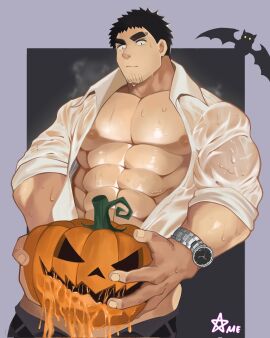 1boy abs ameno_mikazuki bara bare_pectorals black_hair clothed_masturbation clothes_pull cowboy_shot facial_hair goatee_stubble halloween highres jack-o'-lantern large_hands large_pectorals male male_focus male_masturbation masturbation mature_male muscular muscular_male nipples pants pants_pull pectorals pumpkin_masturbation senpai_ga_uzai_kouhai_no_hanashi shirt short_hair sideburns solo standing steaming_body stomach stubble sweaty_clothes takeda_harumi thick_eyebrows wet wet_clothes wet_shirt yaoi
