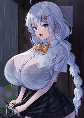 1girls artist_request big_breasts black_bra blue_eyes blush bow bra bra_showing bra_visible_through_clothes braid braided_ponytail breasts female kizuna_akari large_breasts looking_at_viewer open_mouth pov school_uniform skirt soaked tongue twintails vocaloid wet wet_clothes wet_shirt wet_skirt white_hair yellow_bow