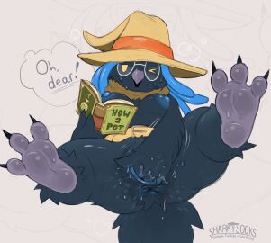 3_toes anthro anus avian beak belt bird blue_hair blue_nipples book breasts claws clothing eyewear feet female finger_fuck fingering fingering_self glasses hair hat headgear headwear hi_res legs_up masturbation nipples nude one_eye_closed open_book owl pussy reading reading_book round_glasses scarf sharkysocks solo tail toe_claws toes vaginal_masturbation vaginal_penetration witch_hat