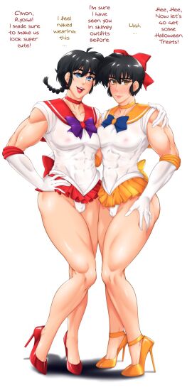 2boys abs abs_visible_through_clothing ambush_(trap) ass bishoujo_senshi_sailor_moon black_hair blue_eyes bow bow_ribbon bulge bulge_through_clothing choker clothing crossdressing dialogue ear_piercing earrings elbow_gloves english english_text gloves hand_on_hip hand_on_thigh heels high_heels lipstick male male_only muscular muscular_arms muscular_male muscular_thighs nipples nipples_visible_through_clothing orange_eyes pierced_ears piercing pink_lipstick ranma-kun ranma_1/2 ranma_saotome ryoga_hibiki sailor_mars_(cosplay) sailor_venus_(cosplay) simple_background skirt small_penis suiren_ciao text thick_thighs thighs uncensored underwear white_background yaoi
