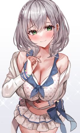 1girls absurdres bare_shoulders belly big_breasts blush bra bracelet braid breasts cleavage clothing collarbone cute female female_focus female_only from_above green_eyes grey_hair highres hololive hololive_fantasy hololive_japan hololive_summer_2022_swimsuit jacket jewelry large_breasts light_skin looking_at_viewer medium_hair midriff miniskirt official_alternate_costume rum_raisin_(chihiromakita19) shirogane_noel short_hair side_braid skirt smile solo standing thighs virtual_youtuber white_background