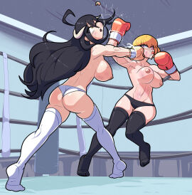 2girls albedo_(overlord) ass big_ass big_breasts big_butt black_hair black_panties blonde_hair boxing boxing_gloves boxing_ring breasts bruised bruises catfight clementine_(overlord) demon demon_girl demon_horns female female_focus female_only fight fighting fighting_ring horns huge_breasts large_ass large_breasts long_hair mouthpiece multiple_females multiple_girls netto-painter orange_boxing_gloves orange_gloves overlord_(maruyama) panties punch punching punching_face red_eyes ryona short_hair succubus thighhighs topless topless_boxing topless_female uppercut vs white_panties wide_hips yellow_boxing_gloves yellow_eyes yellow_gloves