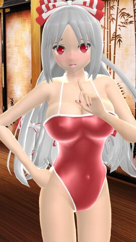 1girls 2024 3d breasts female fujiwara_no_mokou hand_on_hip hati_yukkuri_mmd human imperishable_night indoors light-skinned_female light_skin long-haired_female looking_at_viewer mmd one_arm_up one_finger_up red_bowtie red_eyes red_ribbon red_swimsuit solo_female solo_focus swimsuit touhou white-haired_female