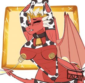 animal_print animal_print_bikini animated anthro big_breasts bikini biped bodily_fluids breast_milking breasts clothing collar cow_print cow_print_bikini cow_print_elbow_gloves cow_print_thigh_highs cowbell cowbell_collar crown dragon ember_(xjax1) european_mythology female headgear hi_res horn lactating lactation machine milk milking_machine mythological_creature mythological_scalie mythology pattern_bikini pattern_clothing pattern_swimwear red_body red_scales scales scalie solo spikes swimwear trinitynight two-piece_swimsuit western_dragon wings
