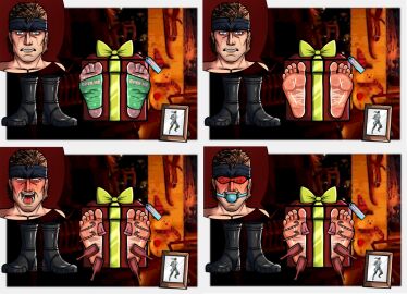 1boy 2022 4_panel_comic ball_gag big_feet blindfold blush bondage boreddudeonline brush candy_cane candy_canes christmas christmas_present feet foot_fetish gag licking licking_feet male male_feet male_foot_fetish male_tickling metal_gear_solid oiled_feet photo_(object) shoes_removed socks solid_snake story_at_source story_in_description tears tickle_fetish tickle_torture tickling tickling_feet tickling_heel tickling_toes tongue tongues