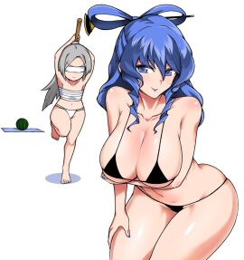 2girls bad_id bad_twitter_id big_penis bikini black_bikini blindfold blue_eyes blue_hair blue_lips blue_nails breasts cleavage collarbone drill_hair female food fruit fuantei fundoshi grey_hair hair_ornament hair_rings hair_stick huge_breasts japanese_clothes kaku_seiga large_breasts long_hair male mature_female micro_bikini milf moments_before_disaster mononobe_no_futo multiple_females multiple_girls nail_polish navel older_female penis ponytail raised_eyebrows sarashi stance stick suikawari swimsuit touhou watermelon