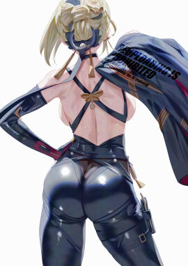 1girls absurdres ass ass_crack back backboob black_gloves black_pants blonde_hair breasts butt_crack chest_harness elbow_gloves evelyn_chevalier facing_away female from_behind gloves hair_ornament hand_on_own_hip harness highres holding holding_jacket holding_unworn_clothes holster jacket pants simple_background single_elbow_glove solo sweat thigh_holster tight_clothes tight_pants topless_female uenoryoma unworn_jacket white_background zenless_zone_zero