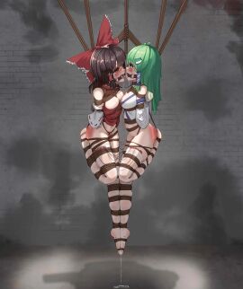 2girls arms_behind_back arms_bound_behind_back blush bondage bound bound_arms bound_legs brown_rope crying crying_with_eyes_open female female_orgasm forced_kiss forced_orgasm forced_yuri gag gagged helpless helpless_female lezsub mind_break multiple_females multiple_girls murffin open_mouth_gag orgasm orgasm_torture overstimulation pink_vibrator pussy pussy_juice pussy_juice_drip pussy_juice_puddle questionable_consent reimu_hakurei ring_gag rope rope_bondage sanae_kochiya spanked spanked_butt sub submissive submissive_female suspension suspension_bondage tears tongue tongue_out touhou vaginal_object_insertion vibrator vibrator_cord vibrator_in_pussy yuri