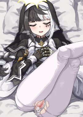 absurdres after_sex arrow_cross asymmetrical_gloves bed_sheet black_capelet black_hair blush borrowed_character braid braided_ponytail capelet celtic_cross censored closed_eyes closed_mouth coif cross cum cum_in_pussy cumdrip doll_joints facial_mark facing_viewer feet_out_of_frame female gloves halo hands_on_own_chest highres hourglass joints kusugi_tai legs_up long_sleeves lying mismatched_gloves mosaic_censoring multicolored_hair nun on_back on_bed open_mouth original pantyhose pillow pussy smile stole torn_clothes torn_pantyhose two-tone_hair veil violet_(ac8231) white_hair white_pantyhose