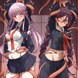 2girls arms_up bakasp-lilzy black_hair black_jacket black_ribbon black_skirt blush bound bound_arms braid collared_shirt cowboy_shot danganronpa danganronpa:_trigger_happy_havoc female frown fukawa_touko glasses grey_hair groin hair_ribbon highres jacket kirigiri_kyouko long_hair long_sleeves miniskirt multiple_females multiple_girls navel necktie open_clothes open_jacket orange_necktie pleated_skirt restrained ribbon round_eyewear shirt side_braid skirt tentacle tentacle_sex twin_braids twintails white_shirt