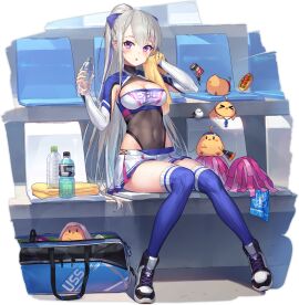 :o armpit_cutout azur_lane bag bird blue_bow blue_legwear blue_thighhighs blush bottle bow breasts can casablanca_(azur_lane) casablanca_(cheer_squad_on_break)_(azur_lane) cg cheerleader chick cleavage cleavage_cutout clothing_cutout covered_navel crop_top duffel_bag energy_drink female full_body gloves grey_hair hair_between_eyes hairbow hands_up highleg highleg_leotard holding holding_bottle holding_towel large_breasts leotard leotard_under_clothes long_hair long_sleeves looking_at_viewer manjuu_(azur_lane) medium_breasts midriff miniskirt official_alternate_costume official_art open_mouth parted_lips pleated_skirt pom_pom_(cheerleading) ponytail purple_eyes ribbed_legwear see-through shirt shoes sidelocks silver_hair sitting skirt sneakers soda_bottle solo sweat thighhighs thighs towel transparent_background two-tone_skirt very_long_hair water_bottle white_skirt zettai_ryouiki
