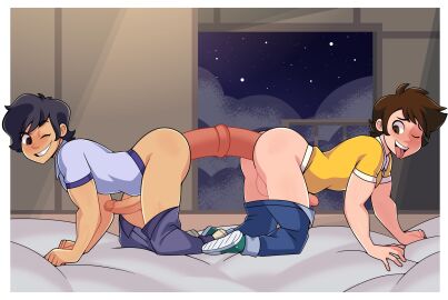 2025 ass balls black_hair blush brown_eyes brown_hair commission cutie_honey cutie_honey_universe dildo dildo_in_ass double_dildo double_ended_dildo double_sided_dildo erection fully_clothed gay indoors junpei_hayami large_ass large_dildo looking_back male male/male male_ass male_focus male_only nighttime on_all_fours one_eye_closed original_x_reboot pants_down penis polo_shirt selfcest smile sneakers thick_thighs tongue tongue_out wink yaoi yuunsfw