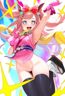 :d agnes_digital_(umamusume) alternate_costume animal_ears arm_up armpits black_thighhighs blue_eyes bow brown_hair commentary_request female gold_ship_(umamusume) hairbow heart heart-shaped_pupils highres horse_ears horse_girl horse_tail japanese_clothes kitasan_black_(umamusume) long_hair looking_at_viewer ninja no_panties okobo open_mouth platform_sandals pussy red_bow sandals smile socks solo special_week_(umamusume) symbol-shaped_pupils tabi tail thighhighs ugohato umamusume umamusume_pretty_derby uncensored white_socks