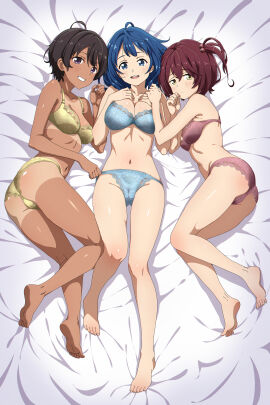 accurate_art_style ahoge ass bare_arms bare_belly bare_legs bare_shoulders bare_thighs barefoot bed bed_sheet belly_button big_breasts blue_bra blue_eyes blue_hair blue_pussy blush body_blush bra breasts brown_hair chocolate_and_vanilla cleavage collarbone dark-skinned_female dark_skin feet female flat_chest flat_chested hip_bones komari_chika lace-trimmed_bra lace-trimmed_panties lhofi lying make_heroine_ga_oo_sugiru! medium_hair on_side open_mouth panties parted_lips purple_eyes pussy red_bra red_hair red_panties short_hair side_ponytail small_breasts smile tanline teenager thighs toes underwear yakishio_lemon yanami_anna yellow_bra yellow_eyes yellow_panties young young_female younger_female