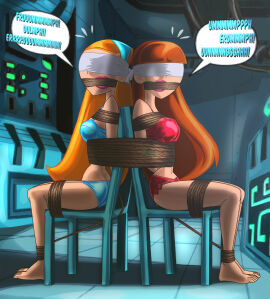 2girls barefoot blindfold blue_eyes bondage bra danny_phantom erikson1 feet female gag gagged handband jazz_fenton nickelodeon no_nudity original_character panties pointy_chin ponytail red_lipstick rope rope_bondage rope_gag tied tied_to_chair tied_up underwear