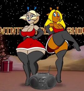 2girls animated anthro antlers ass big_ears big_eyes blinking bottomwear bouncing_ass bouncing_breasts bouncing_hair breasts buckteeth capreoline carol_holiday cervid cervine clothed clothing curvaceous curvy_figure dancing deer deltarune female female_only footwear freckles front_view fully_clothed hair hi_res hip_sway horn huge_ass huge_breasts ineffective_clothing kicking looking_forward mammal miniskirt monochrome no_sound noelle_holiday rear_view reindeer scut_tail shirt shoes short_playtime skirt smile tagme tail_clothing tansau teeth thick_thighs tight_clothing tight_shirt tight_topwear topwear video video_games walking wide_hips