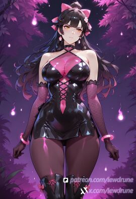ai_generated amber_eyes azur_lane black_hair curvy_body dog_ears large_breasts lewdrune long_ponytail pale_skin takao_(azur_lane)
