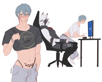 2boys anthro blush clothed crop_top femboy feminine_male furry gaming_chair gay male male/male male_only mammal mihoyo sitting sitting_on_lap suit tattoo tattoo_on_belly thong underwear victoria_housekeeping von_lycaon white_fur wise_(zenless_zone_zero) wolf yaoi zenless_zone_zero