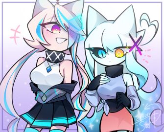 2girls ahoge animal_genitalia big_breasts blue_eyes blue_hair breasts claire_(lemonsalt) female lemonsalt_oc long_hair non-human oc pink_hair purple_eyes twintails white_hair yellow_eyes