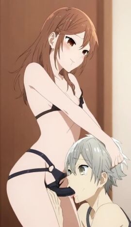 ai_generated black_bra bra brother_and_sister deepthroat flat_chest gray_hair hori_kyouko hori_souta horimiya incest pulling_hair saliva seraphiel59 strap-on tagme tongue_out video