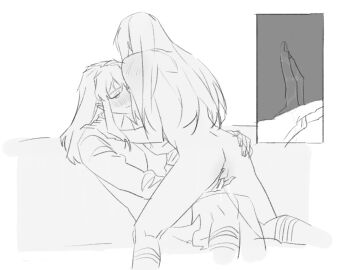 2girls blush closed_mouth clothed_female_nude_female commentary_request cross_section female fingering fujino_shizuru guri_gom hand_on_another's_arm hand_on_another's_shoulder kneeling korean_commentary kuga_natsuki long_hair long_sleeves multiple_females multiple_girls my-hime nude pussy shirt sitting smile straddling vaginal_penetration yuri