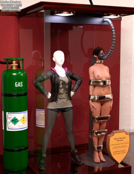 1girls 3d bound bound_arms bound_legs brown_hair completely_nude female female_only full_body mannequin moira_burton nude nude_female resident_evil short_hair solo thejpeger trophy_case unconscious unconscious_female