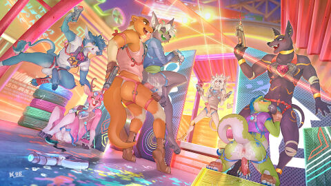 4_toes absurd_res after_anal after_sex anal anal_sex anthro antlers anus ass balls bodily_fluids bottomless bottomless_anthro bottomless_male canid canine canis clothed clothing cum cum_from_ass cum_in_ass cum_inside deer detailed_background digital_media_(artwork) ear_piercing ear_ring erection feet fellatio fennec_fox fingerless_gloves fingers footwear fox from_behind_position fur gecko genital_fluids genitals gloves group group_sex gun hair hand_on_penis handwear harness harness_only hi_res holding_gun holding_object holding_ranged_weapon holding_weapon hooves horn humanoid_genitalia humanoid_penis inside jackal jomagaher jumping k_98 knee_pads kneeling laser laser_gun laser_tag leaking_cum lizard male male/male male_penetrated male_penetrating male_penetrating_male mammal mustelid open_mouth oral oral_penetration otter penetration penile penile_penetration penis piercing ranged_weapon reptile ring_piercing scalie sex shirt shoes sitting smile spread_legs spreading standing standing_sex tail toes tongue tongue_out topwear true_fox weapon wolf