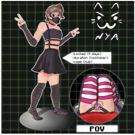 bonjoe2077 chastity_cage chocker double_peace_sign femboy locktober male pov skirt thighhighs wrist_warmers