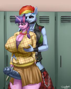 1futa absurd_res alternative_fashion animal_genitalia animal_penis anthro belly_grab big_breasts bodily_fluids breast_grab breasts choker cleavage clothed clothing duo equid equine equine_genitalia equine_penis eyebrow_piercing eyewear facial_piercing female friendship_is_magic futanari genital_fluids genitals glasses goth hand_on_breast hasbro hi_res horn huge_breasts intersex intersex/female jewelry mammal my_little_pony mythological_creature mythological_equine mythology necklace pegasus penis piercing precum rainbow_dash_(mlp) saimelon twilight_sparkle_(mlp) unicorn wings