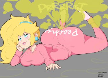 1girls ass blonde_hair blue_eyes bubble_ass bubble_butt clothed fart farting female princess_peach repulsiveproto super_mario_bros.