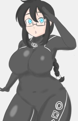 /ctt/ 1girls bodysuit braided_ponytail breasts chubby chubby_female console-tan female gijinka glasses humanization iamlem large_breasts looking_at_viewer playstation_3 ponytail ps3-tan salute sony_interactive_entertainment thick_thighs wide_hips