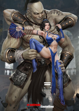 4_arms abs alternate_version_available arm_grab armor armored_gloves armpits athletic athletic_female barbs bare_shoulders belly_button belt big_breasts big_penis black_hair blue_clothing bracelet breasts censored censored_penis cleavage earrings edenian evil_smile eyebrows fan female female_pubic_hair giant giant_male goatwillow goro halterneck kitana kitana_(mk9) leg_grab light-skinned_female light_skin lipstick liu_meixing_(artist) long_hair looking_at_partner looking_at_penis makeup male mortal_kombat mortal_kombat_(2011) mortal_kombat_x multi_arm multi_limb muscular muscular_male neck_grab open open_legs pelvic_curtain penis penis_out princess red_eyes royalty shokan skimpy skimpy_clothes stain tagme teeth thick_thighs tiara twintails unmasked