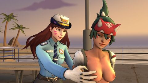 2girls 3d 3d_(artwork) beach breast_grab breasts breasts_out browmgreen_hair brown_hair d.va exhibitionism exhibitionist female green_eyes kiriko_(overwatch) overwatch overwatch_2 police_officer_d.va policewoman tagme