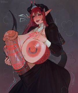 demon demon_girl e0sca female futanari horns horsecock intersex licking_lips mascara_tears nipple_piercing nipples nun_outfit piercing piercings red_eyes