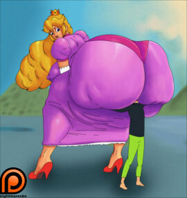 1boy 1girls ass ass_bigger_than_head ass_bigger_than_torso breasts enormous_ass female huge_breasts hyper hyper_ass looking_back male mario_(series) nightmarexbx princess_peach sitting_on_person tagme taller_female