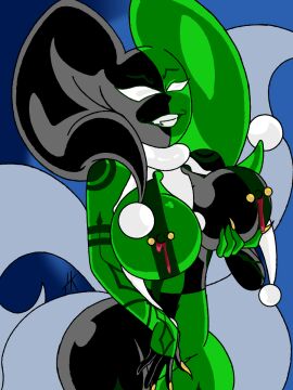 artist_upload clownification harley_quinn_(cosplay) harleyfication kitsune lactating living_rubber nipple_piercing nipples oc piercing quinnification rubber_suit self_upload ultra4rtz