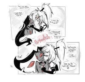 1boy 1girls 2024 2d after_care after_cloacal after_fellatio after_masturbation after_oral after_sex aftercare blush blush_lines blushing breasts cherri_bomb cherri_bomb_(hazbin_hotel) collar color cyclops dialogue english_dialogue english_text female freckles gloves hazbin_hotel heart kissing looking_at_another male mostly_nude nipple_piercing nipples onomatopoeia piercing red_neck red_skin sir_pentious_(hazbin_hotel) snake text text_bubble twiggietime vivienne_medrano watermark wholesome