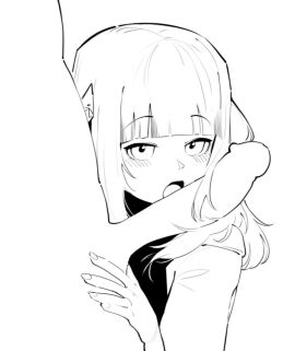 bangs blunt_bangs eyebrows_visible_through_hair female greyscale long_hair monochrome open_mouth solo