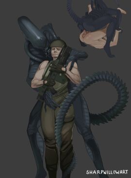 alien alien/human alien_(franchise) alien_girl alien_humanoid amazon_position balls drooling female female_on_top female_xenomorph femdom firearm gun human human_penetrating light-skinned_male light_skin male male/female penis ranged_weapon reverse_rape rifle saliva sharpwillow submissive_male tagme weapon xenomorph xenophilia