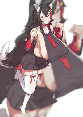 1girls areola_slip areolae arms_up bangs bangs_between_eyes black_hair black_skirt blush blush_lines blushing breast_curtains breasts choker dark_nipples detached_sleeves female hair_accessory hair_between_eyes hair_ornament hands_up hololive hololive_gamers hololive_japan inner_ear_fluff kemono large_breasts leebongchun long_hair looking_at_viewer miniskirt mole mole_on_breast nipple_bulge nipple_slip nipples nipples_visible_through_clothing off_shoulder ookami_mio pleated_skirt red_choker red_eyes red_hair red_ribbon red_ribbons red_tie sidelocks skindentation skirt solo streaked_hair thighhigh_socks thighhighs tie two-tone_hair two-tone_tail virtual_youtuber wavy_hair white_thighhighs wolf_ears wolf_girl wolf_tail yellow_hair_ornament