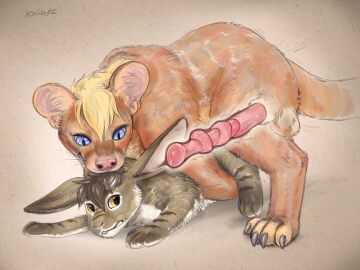 anal anal_sex anatomically_correct anatomically_correct_genitalia animal_genitalia animal_penis balls bite blue_eyes bodily_fluids brown_body digital_media_(artwork) duo erection euplerid feral fossa fossa_penis fur genital_fluids genitals hair hi_res lagomorph leporid male male/male male_penetrated male_penetrating male_penetrating_male mammal markings open_mouth orange_body penetration penile penis precum rabbit scruff_bite sex shaded signature size_difference tail tailbyte x-ray_view yellow_eyes