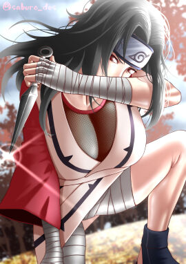1girls bandaged_arm bandages bare_arms bare_legs bare_thighs big_breasts black_hair breasts bust busty clothed clothed_female copyright_name female female_only fighting_pose fighting_stance fishnet_shirt fishnets forehead_protector headband holding_object holding_weapon huge_breasts kimono kneeling konohagakure_symbol kunai kunoichi kurenai_yuhi large_breasts mature mature_female mesh mesh_shirt milf naruto naruto_(classic) naruto_(series) naruto_shippuden ninja no_bra oppai outdoors red_eyes revealing_clothes saburo_des see-through see-through_clothing shiny shiny_hair shiny_skin single_sleeve solo solo_female solo_focus url watermark weapon web_address yuuhi_kurenai
