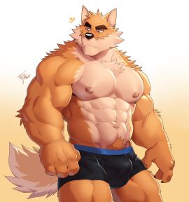 2025 4_fingers abs anthro biceps black_briefs black_clothing black_underwear blue_eyes briefs brown_eyebrows canid canine canis claws clothing dated deltoids domestic_dog eyebrows finger_claws fingers forearm_muscles fur gradient_background hi_res male mammal masculine nipples obliques orange_body orange_fur otake pecs pubes signature simple_background solo tail takemoto_arashi underwear yellow_background