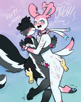 2024 anthro anthro_only big_tail biped black_body black_nose blush blush_lines bodily_fluids bound chastity_cage chastity_device collar cuff_(restraint) dialogue disembodied_hand ear_piercing ear_ring eeveelution english_text eyebrows femboy fluffy fluffy_tail furry gay generation_6_pokemon girly grey_body group head_tuft hi_res high-angle_view hyacinth_(cheeseuschrist) lying male male_only mammal mostly_offscreen_character multicolored_body nintendo nude on_side open_mouth pain pallas_(cheeseuschrist) pawpads piercing pink_body pokemon pokemon_(species) restraints ribbons_(anatomy) ring_piercing rodent sciurid scratches scratching shackles somik squirrel submissive submissive_male sylveon tail tears teeth text tongue tree_squirrel trio tuft white_body yaoi