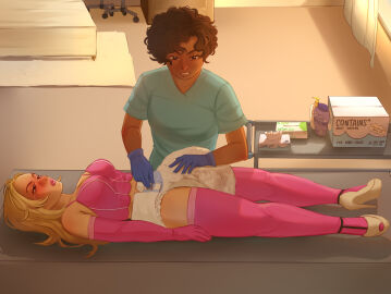 anal_plug ass big_ass big_breasts bimbo blonde_hair blush breasts brown_eyes brown_hair buttplug cart catgomez changing_table clean_diaper crying curly_hair diaper diaper_change diaper_fetish disgusted failed_buttplug female gloves high_heels immobile immobilized latex_gloves laying_down laying_on_back laying_on_bed leggings lingerie lipstick long_gloves makeup messy_diaper nurse ointment soiling soiling_diaper tears thick_ass thick_thighs wipes