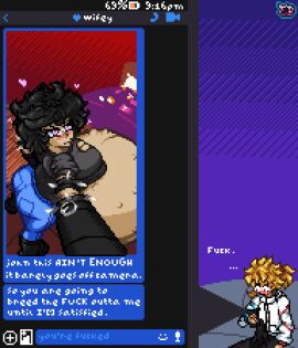 1boy 1girls belly enderboneronni female heart-shaped_pupils hyper_belly male phone pixel_art pregnant pregnant_belly selfie text